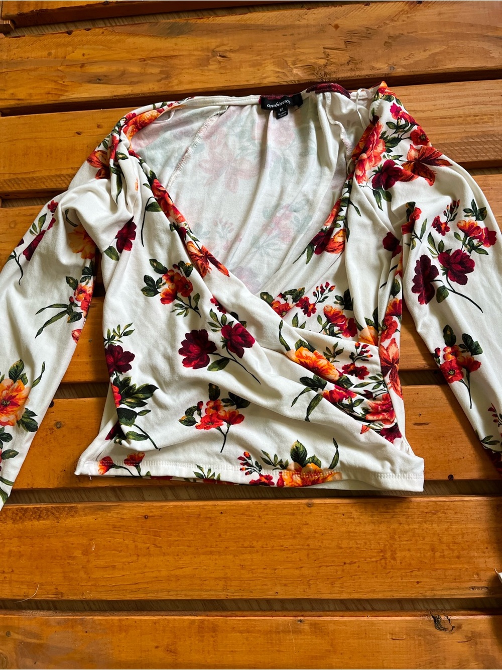 Floral Wrap Front Long Sleeve Top - White with Red & Orange Flowers